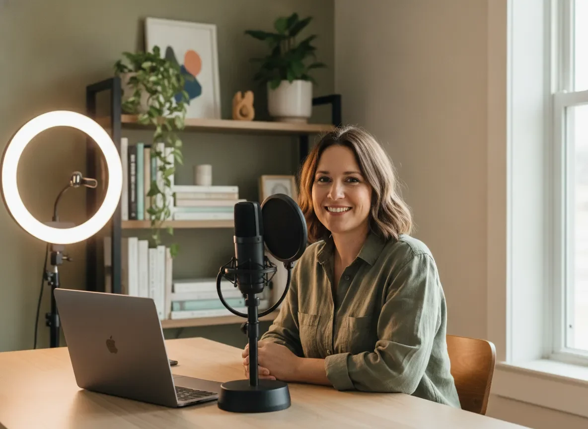 Educator recording an online course lesson in a cozy home studio