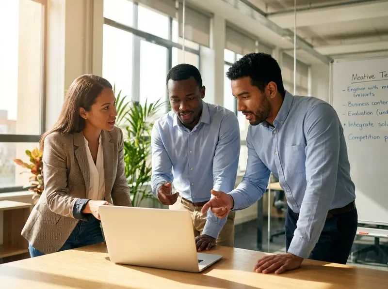 Corporate innovation team collaborating on an AI landing page