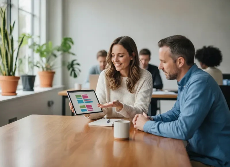 Service provider presenting a website plan to a client in a warm, modern office setting