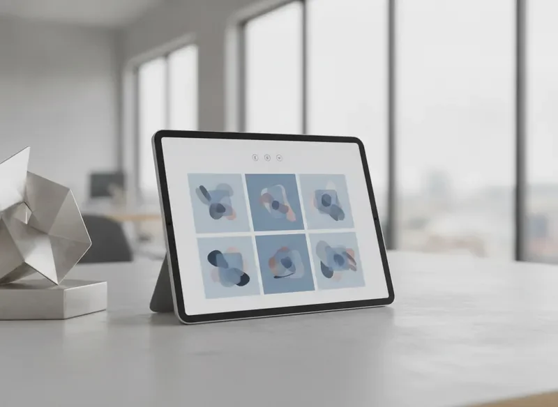 Creative portfolio website mockup with dusty blue accents and minimalist grid layout