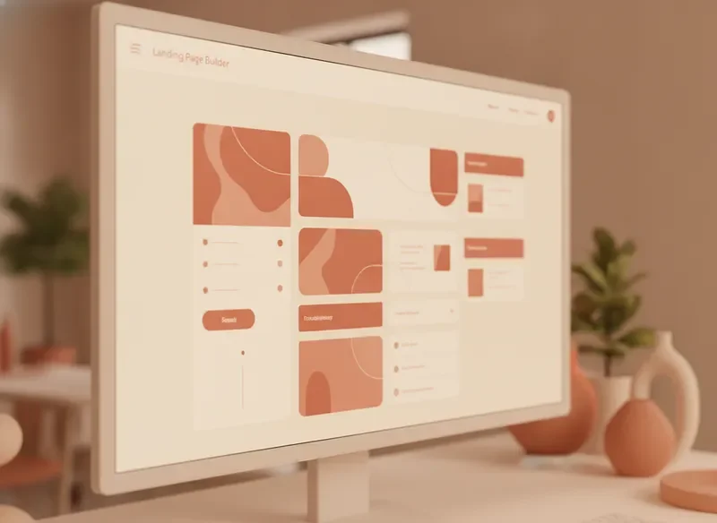 Landing page builder interface with warm terracotta accents