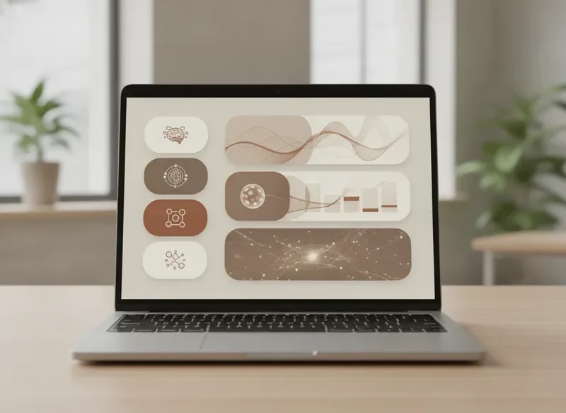 Digital product and service showcase on a laptop screen with soft rounded cards